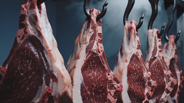 Fresh beef carcasses hanging on hooks in cold storage for meat industry and food production content