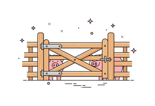 Farm pig pen entrance featuring a sturdy wooden gate with horizontal planks and a simple latch detail, symbolizing livestock care and countryside management.