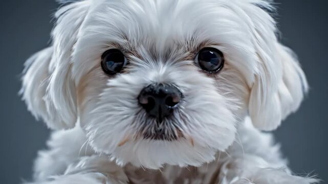 Cute white maltese dog looking at camera with piles of papers on desk for pet and business content