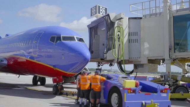 Ground Crew Preparing Blue Airplane At Jet Bridge On Airport Tarmac With Tow Tractor