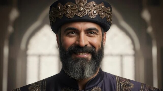 Close up portrait of a bearded Middle Eastern man in regal traditional costume smiling confidently in an ornate palace for historical leadership concept