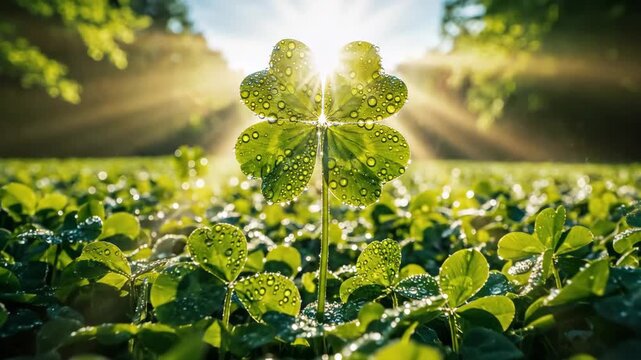 Four-leaf clover growing close up in dewy field with sunlight rays for luck and nature content