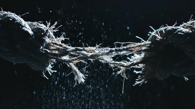 Fraying rope breaking apart under tension on dark background for dramatic and stress concept