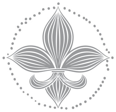 Elegant Grey Fleur de Lis Design with Dotted Border and Stylized Petals