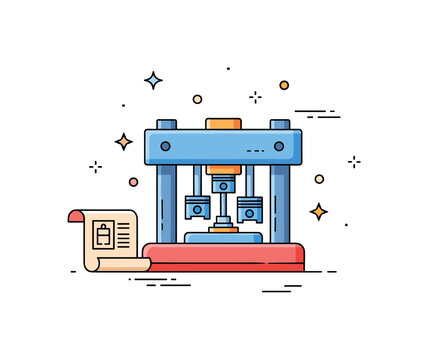 Mechanical engineering 3D concept featuring a compact production press with visible inner pistons and a small blueprint scroll icon nearby. The scene conveys