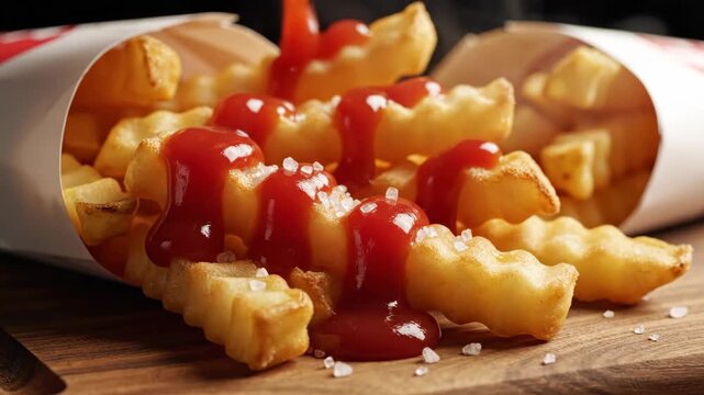Crinkle cut fries with ketchup pouring on wooden board for fast food and restaurant content
