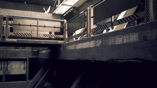 Suspended pathway over laundry with unique textures. Overhead catwalk overlooking laundry area featuring worn surfaces and industrial quietness