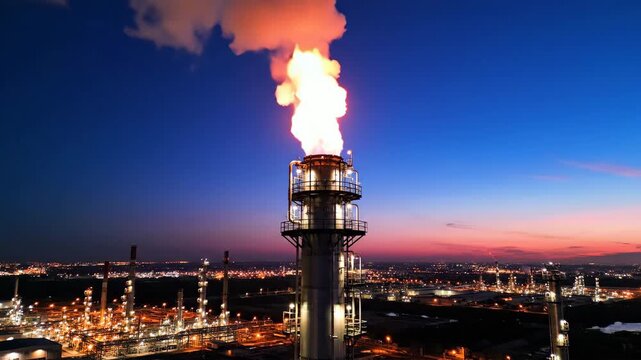 Industrial flare stack burning at night over oil refinery for energy and petroleum content