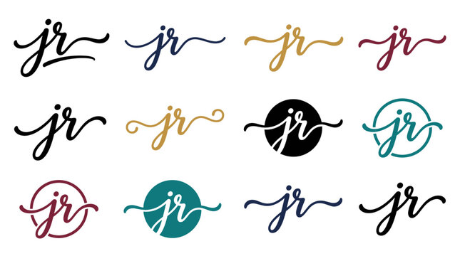 Collection of twelve "jr" monogram logos in various colors and styles, some enclosed in circles.