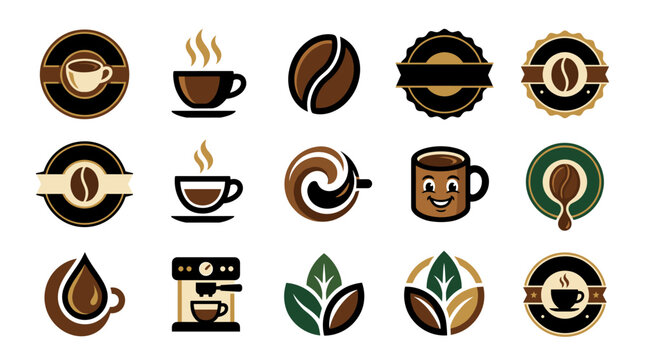 Collection of coffee-themed logos and icons featuring cups, beans, and coffee makers in brown and green tones.