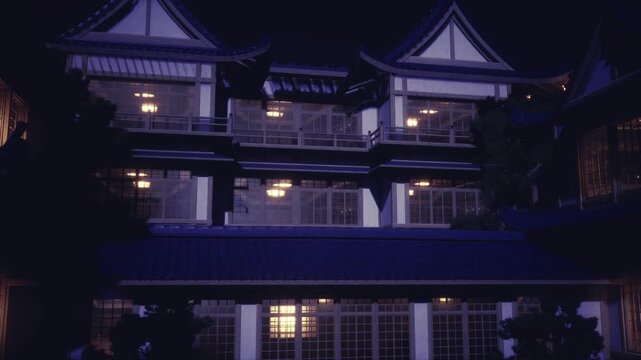 Softly lit rooms overlooking quiet courtyard, repeating window patterns, warm interior glimpses, layered balconies suggesting hospitality and overnight comfort