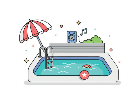 Backyard pool gathering turquoise water framed by a striped umbrella and small speaker playing music, conveying lively atmosphere and casual weekend