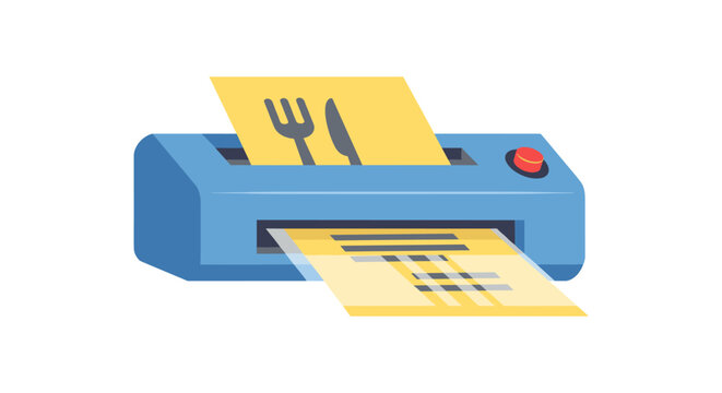 blue printer with paper and utensil icons