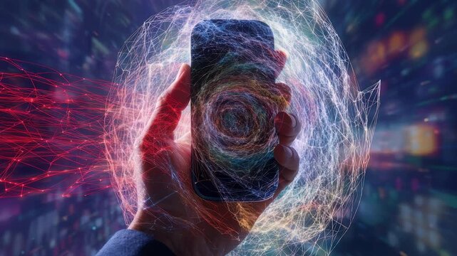 Hand gripping a mobile device presenting recent alerts and updates from a portal search interface background intentionally out of focus for depth effect.