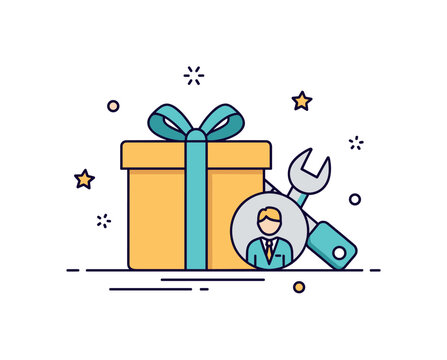 Practical gift choice for him featuring a boxed item alongside a small tool or gadget icon, symbolizing usefulness and thoughtful consideration of