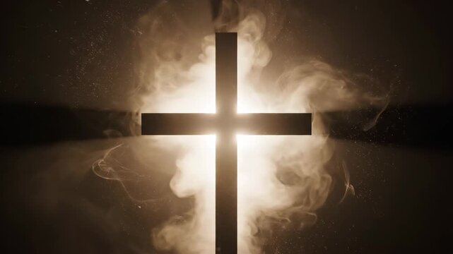 Glowing Christian cross surrounded by swirling smoke and light on dark background for religious and spiritual content