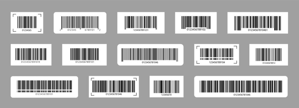 Set of barcode stickers fake with different thick and thin lines. Vertical streaks, strips with random information lines. Abstract geometric texture background for retail, supermarket