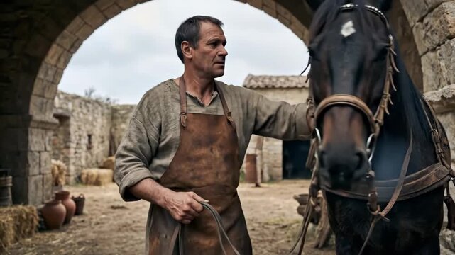 Older caucasian man preparing black horse with bridle and harness in ancient courtyard setting for travel or farm work.