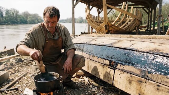 Caucasian man applying tar to wooden boat near river, showing traditional boat building and old world craftsmanship concept