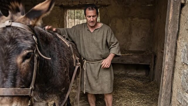 Man in ancient attire tying knot on donkey harness in a rustic stable as he prepares the animal for work or travel.