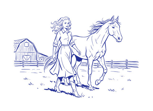Country girl with horse artwork. Farm life vintage design. Horse ranch graphic for t shirt. Equestrian illustration. Western barn outdoor scene.. Vint