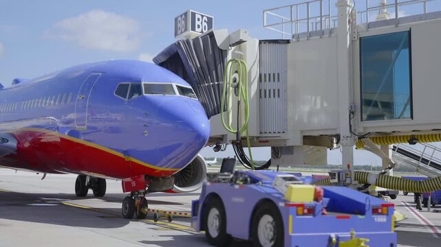 Ground Crew Preparing Blue Airplane At Jet Bridge On Airport Tarmac With Tow Tractor