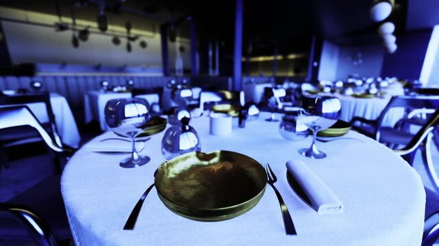 Closeup plated table with glassware and gold charger, intimate fine dining scene in softly lit banquet hall, folded linen napkin, polished cutlery, crystal wine