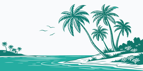Fototapeta premium Tropical beach scene with palm trees and a winding shoreline ocean waves