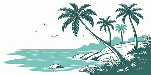 Obraz premium Tropical coastline with palm trees and rocks on a sunny day beach