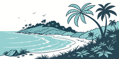 Beach scene with palm trees and ocean waves on a white background teal colors © Abu