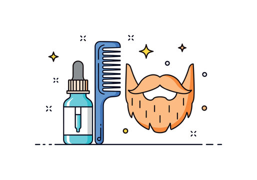 Beard care routine illustration with a small dropper bottle and comb beside a stylized beard icon representing maintenance and texture control. Clean geometry