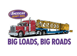 Fototapeta premium American heavy haul truck design. Big loads big roads. Trucking graphic for t shirt. Industrial logistics artwork. Hauling crane illustration.