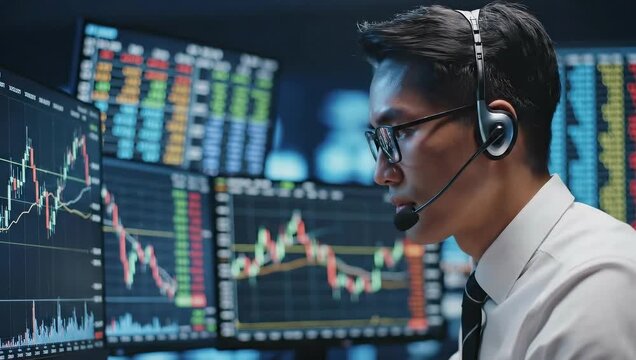 Stock market analyst monitors trading activity. Financial expert analyzes charts and data. Busy atmosphere in modern trading room. Market trends and insights captured.