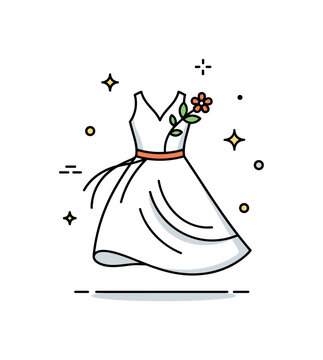 Boho 70s fashion throwback scene featuring a flowy dress silhouette with a small floral accent and gentle curve lines, symbolizing freedom, creativity, and