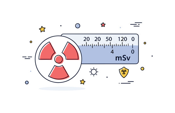 Radiation dose measurement simplified badge featuring radiation symbol and numeric meter scale labeled mSv, representing exposure tracking and safety