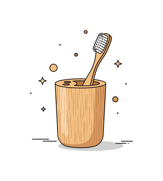 Eco friendly bamboo toothbrush holder featuring a natural textured cup with a single wooden brush inside. The image conveys sustainability, conscious living,