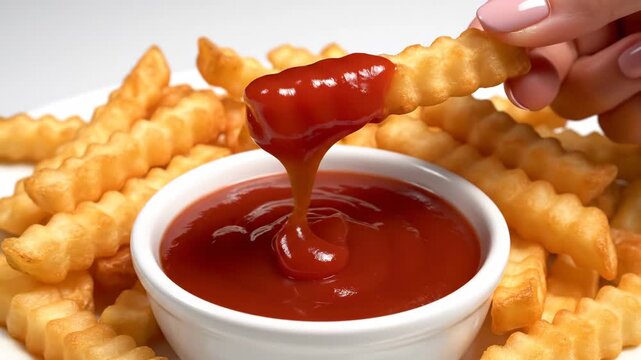Hand dipping crinkle cut french fry into ketchup sauce for food and restaurant content