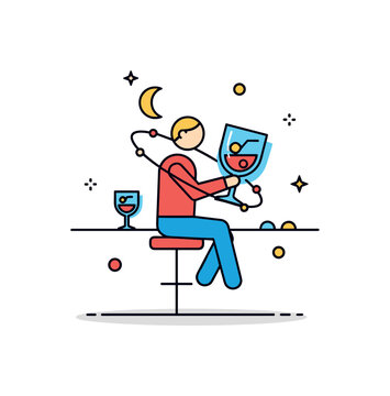 Night out disorientation figure seated on a bar stool with tilted horizon line and slightly overlapping glass shapes, conveying spinning sensation and reduced