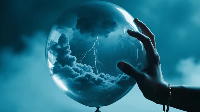 Hand holding glowing crystal ball with lightning storm inside for fantasy and power concept