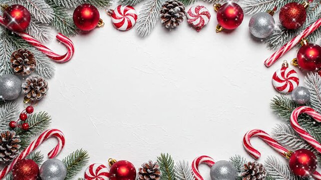 Christmas holiday frame with fir branches, ornaments, and candy canes