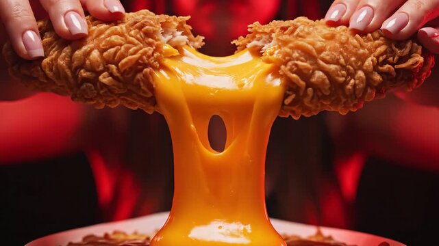 Hands pulling apart crispy fried chicken with melting cheese stretch for food and restaurant content