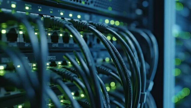 Close-up of server cables in data center. Green lights indicate active connections and data transfer. High-tech environment showcases modern technology.