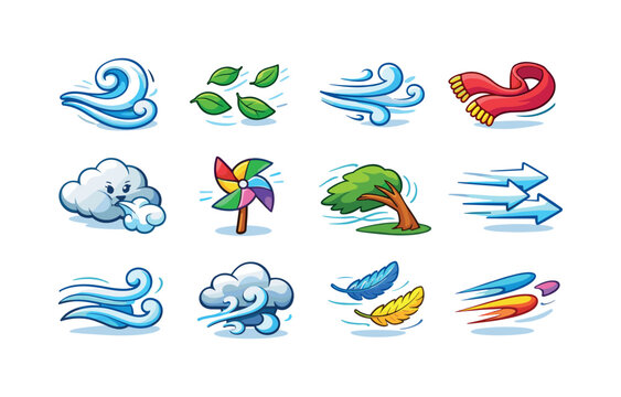Wind. Colorful isometric vector icons set of Wind: wind swirl, blowing leaves, gust lines, flying scarf, wind cloud, spinning pinwheel, bending tree, wind