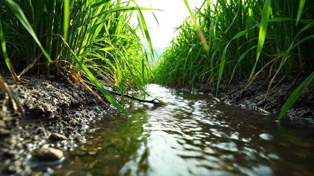 Water flowing through irrigation channel in lush rice field for agriculture and farming content