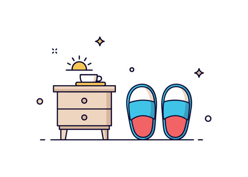Slippers at bedside morning comfort theme showing a pair of plush slippers positioned near a simple bedside table with a tiny rising sun icon. The composition