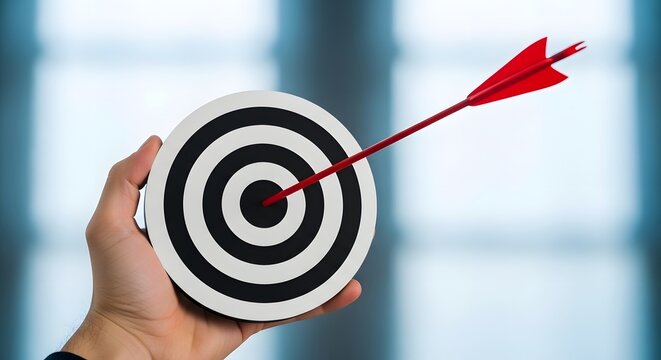 A hand holding a target with a red arrow hitting the bullseye