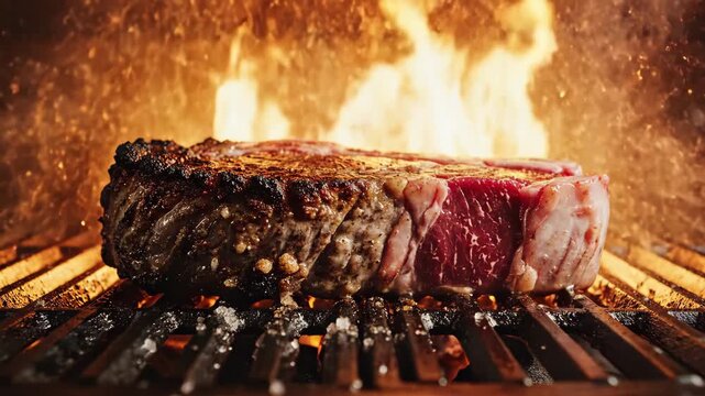 Juicy ribeye steak sizzling and settling on hot grill with dramatic fire flames for food and restaurant content