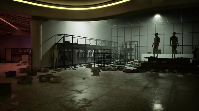 Dim mall interior with mannequins and empty racks, scattered boxes across tiled floor, moody overhead lighting casting deep shadows, cinematic isolation, visual