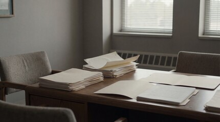 Fototapeta premium Stack of documents and folders on a wooden desk in an office. Paperwork and files on a table, legal or administrative concept.