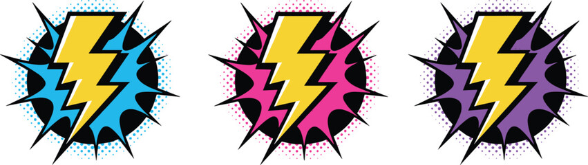 Flat vector illustration of lightning bolt icons with comic book style speech bubbles and halftone dots. © Mst Fateha Begum